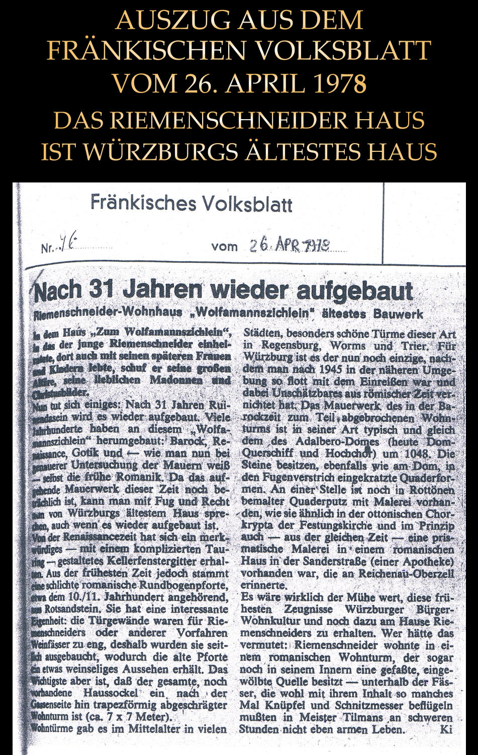 AUSZUG AUS DEM FRÄNKISCHEN VOLKSBLATT VOM 26. APRIL 1978 DAS RIEMENSCHNEIDER HAUS IST WÜRZBURGS ÄLTESTES HAUS